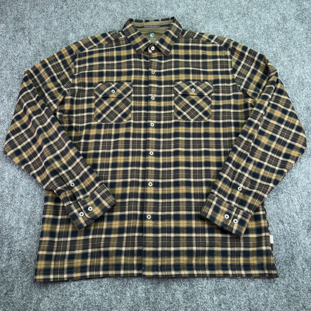 Kuhl Flannel Shirt Mens XL Brown Plaid Dillingr Cotton Tencel Soft Button Up - Picture 1 of 12